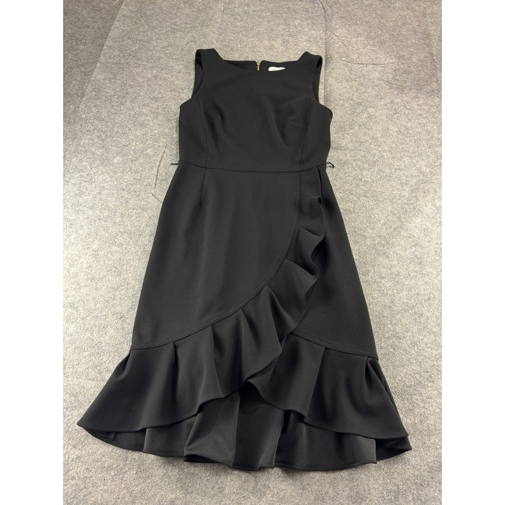Calvin Klein Womens 6 Black Ruffle Faux Wrap Sheath Dress Gold Zip Career Classy
